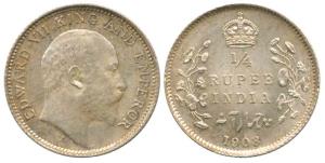 Edward VII, Silver ¼ Rupee, 1908, Calcutta Mint, no MM. Nice toning, Uncirculated, Scarce.