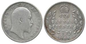 Edward VII, Silver 2 Annas, 1909. Fine+, Rare.