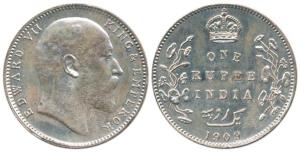 Edward VII, Proof Silver Rupee, 1909. Proof Restrike, Rare.