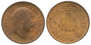 Edward VII, Copper ½ Pice, 1910. Uncirculated.
