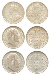 Edward VII and George V, Silver Rupee (3), 1904 Bombay Mint, 1905 Calcutta Mint and 1920 B