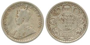 George V, Silver 2 Annas,1911. Fine+.