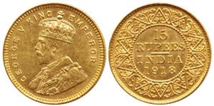 George V, Gold 15 Rupees, 1918, Bombay Mint, (KM 525). Extremely Fine, Very Rare.