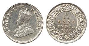 George V, Silver Off Metal Strike (OMS), ½ Anna, 1926, Struck in Silver instead of Copper.