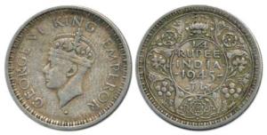 George VI, Silver ¼ Rupee, 1945, Large '5', Bombay Mint. About Very Fine, Scarce.