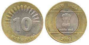 Rupees 10 Bi-metal, Error, 2009, the metal in the center on obv. and rev. is uneven and im