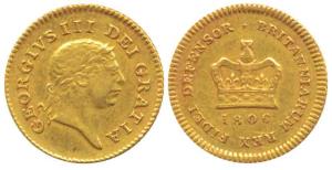 Great Britain, George III, Gold 2.78 g 1/3 Guinea, 1806, (KM 650). Very Fine, Very Rare.