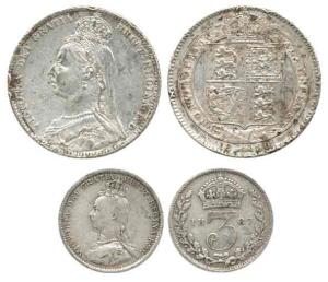 Great Britain, Victoria, Silver Shilling 1890 and 3 Pence 1887. Fine+, Scarce. (2)
