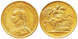 Great Britain, Victoria, Gold 2 Pounds 16 g 1887. Claw marks on reverse otherwise Very Fin