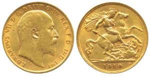 Great Britain, Edward VII, Gold ½ Sovereign, 4g, 1910, (KM 804). Very Fine+, Scarce.