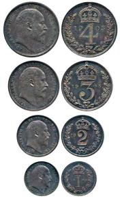 Great Britain, Edward VII, Silver (4), Set of Maundy Money,1905, 4, 3, 2 and 1 Shilling, 1