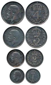 Great Britain, George V, Silver (4), Set of Maundy Money, 1919, 4, 3, 2 and 1 Shilling, 19