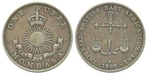 Mombasa Silver Rupee, 1888 H. About Extremely Fine, Scarce.