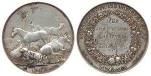 Dumraon Medal, Agricultural Exhibition, Domestic animals with palm trees in the background