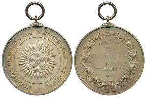 Oriental Diamond Jubilee Commemoration Medal, Silver, obv., sunburst with motto Heaven Lig