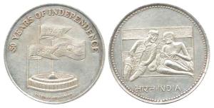 25 Years of Independence, Silver 25g, Gandhiji and Nehruji sitting with the Indian flag in