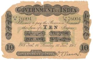 Rupees 10, green under print, Bombay circle, signed O. T. Barrow, 16th Jan 1901, (Jhun 2.1