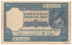 George V, Rupees 10, 2nd issue, 1926, signed J. B. Taylor, (Jhun 7.2). Cut in top margin o