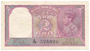 George VI, Rupees 2, 1943, signed J. B. Taylor, (Jhun 2.1). Very Fine+, Rare.