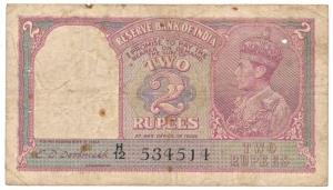 George VI, Rupees 2, 1944, signed C. D. Deshmukh, (Jhun 2.2). Fine+.