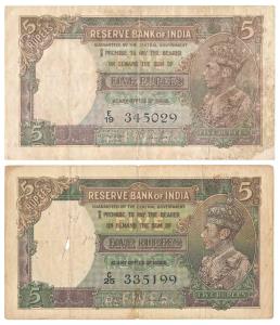 George VI, Rupees 5, 1st issue, 1944, signed J. B. Taylor, (Jhun 3.1). Fine. (2)