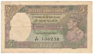 George VI, Rupees 5, 1st issue, 1944, signed J. B. Taylor, (Jhun 3.1). About Very Fine.
