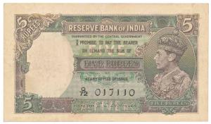George VI, Rupees 5, 1st issue, 1944, signed C. D. Deshmukh, (Jhun 3.2). Very Fine+.