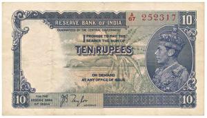 George VI, Rupees 10, 1st issue, 1938, signed J. B. Taylor, (Jhun 5.1). Fine+.