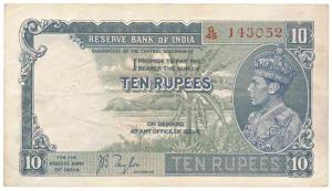 George VI, Rupees 10, 1st issue, 1938, signed J. B. Taylor, (Jhun 5.1). Very Fine.