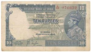 George VI, Rupees 10, 1st issue, 1938, signed J. B. Taylor, (Jhun 5.1). Fine+.