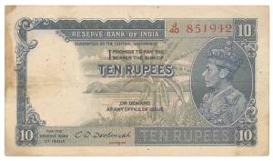 George VI, Rupees 10, 1st issue, 1938, signed C. D. Deshmukh, (Jhun 5.2). Staining in left