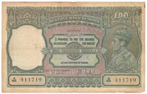 George VI, Rupees 100, 1st issue, 1938, signed J. B. Taylor, Lahore, (Jhun 7.1E). Fine+, R