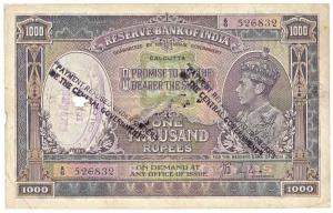 George VI, Rupees 1000, 1st issue, 1938, Calcutta, signed J. B. Taylor, Stamped twice on t