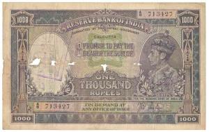 George VI, Rupees 1000, 1st issue, 1938, Calcutta, signed J. B. Taylor, (Jhun 8.1B). Holes