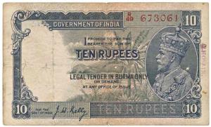 Burma, George V, Rupees 10, signed J. W. Kelly, LEGAL TENDER IN BURMA ONLY, black overprin
