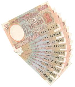 Rupees 2, signed R. N. Malhotra, (Jhun 2.10.6B). Set of 10 fancy numbers, 111111 – 999999 