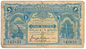 Zanzibar, Uniface, Rupee 1, 1st September 1920, light blue on green and brown. About Very 