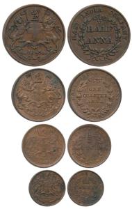East India Company, Copper (4), ½ Anna, 1/4, ½ Pice and 1/12 Anna, 1835, 1835, 1853 and 18