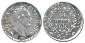William IV, Silver ¼ Rupee, 1835, Calcutta Mint, obv. 'F' Incuse, rev. 20 Berries and No d