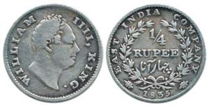 William IV, Silver ¼ Rupee, 1835, Calcutta Mint, obv. R.S. incuse, rev. wrong Urdu type. R