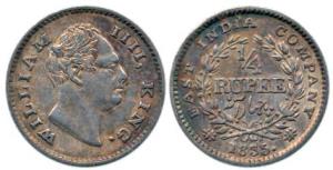 William IV, Silver ¼ Rupee, 1835, Calcutta Mint, obv., 'F' raised, rev. 18 Berries and dot