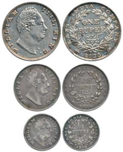 William IV, Silver (3), Rupee, ½ Rupee, ¼ Rupee, 1835, Rupee with No initials and ½ Rupee,
