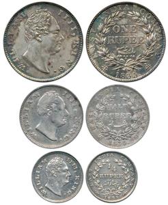 William IV, Silver (3), Rupee, ½ Rupee and ¼ Rupee, 1835, Rupee with 'F' incuse, ½ Rupee w