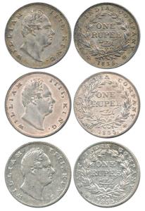 William IV, Silver Rupee (3), 1835, Calcutta Mint, obv. B, R.S. incuse, rev. II, 20 Berrie