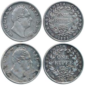William IV, Silver Rupee (2), 1835, Calcutta Mint, obv. 'B', R.S. incuse, rev. II, 20 Berr