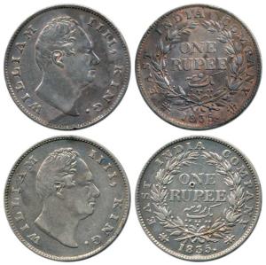 William IV, Silver Rupee (2), 1835, Calcutta Mint, obv. A, 'F' raised, rev. I, 19 Berries.