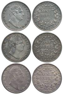 William IV, Silver Rupee (3), 1835, Calcutta Mint, obv. A, Dug out 'F', rev. III, 19 Berri