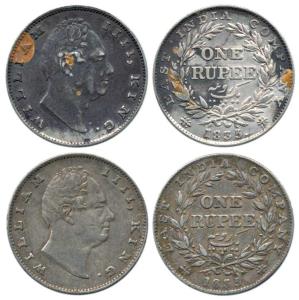 William IV, Silver Rupee (2), 1835, Bombay Mint, obv. B, No initials, rev. II, 20 Berries.