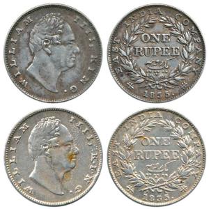 William IV, Silver Rupee (2), 1835, Bombay Mint, obv. B, No initials, rev. II, 20 Berries.