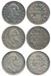 William IV, Silver Rupee (3), 1835, Calcutta Mint, obv. B, 'R' 'S' incuse, rev. II, 20 Ber